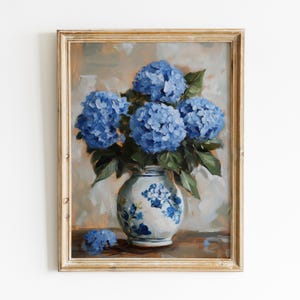Blue Hydrangea Painting, Chinoiserie Wall Art, Vintage Art Print, Floral Digital Download, Cottagecore Printable Art, Shabby Chic Artwork