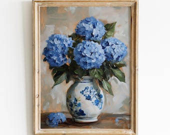 Pintura de hortensias azules, arte mural chinoiserie, impresión de arte vintage, descarga digital floral, arte imprimible cottagecore, obra de arte shabby chic