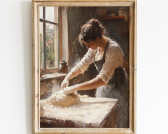 Woman Baking Bread Painting, French Kitchen Art Print, Vintage Art Digital Download, Cottagecore Printable Wall Art, Rustic Farmhouse Decor
