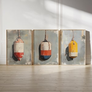 Lobster Buoy Paintings, 3 Coastal Art Digital Download, Vintage Buoy Art Print, Printable Wall Art, Beach House Decor, Fisherman Aesthetic