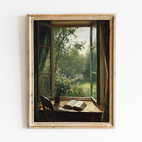 Vintage Reading Nook Painting, Peaceful Bookish Art Print, Romantic Digital Download, Cottagecore Printable Wall Art, Dark Academia Decor