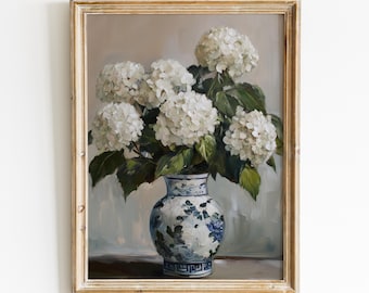 White Hydrangea Painting, Chinoiserie Wall Art, Vintage Art Print, Floral Digital Download, Cottagecore Printable Art, Shabby Chic Artwork