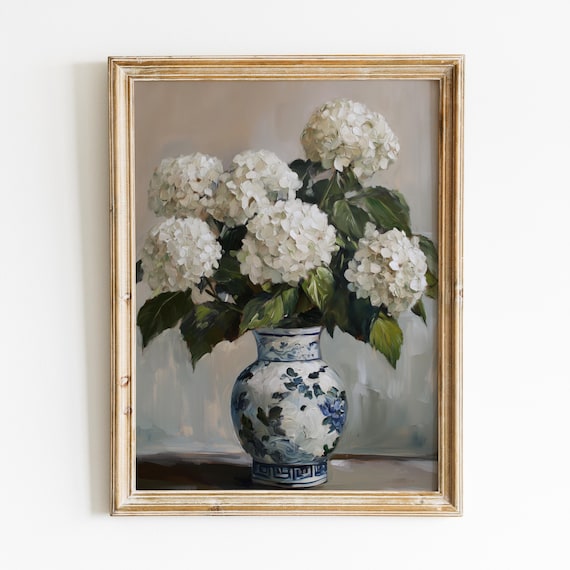 White Hydrangea Painting, Chinoiserie Wall Art, Vintage Art Print, Floral Digital Download, Cottagecore Printable Art, Shabby Chic Artwork
