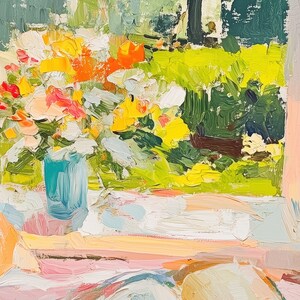 May include: A painting depicting a bouquet of flowers in a blue vase, with a garden view in the background. The flowers are a mix of yellow, orange, pink, and white.