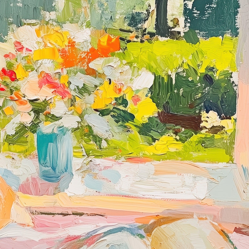 May include: A painting depicting a bouquet of flowers in a blue vase, with a garden view in the background. The flowers are a mix of yellow, orange, pink, and white.