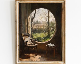 Round Window Reading Nook Painting, Fantasy Bookish Art Print, Vintage Digital Download, Cottagecore Printable Wall Art, Dark Academia Decor