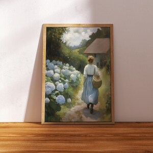 May include: A painting of a woman walking down a path lined with white hydrangeas. She is wearing a blue dress and carrying a basket. A small house is visible in the background.