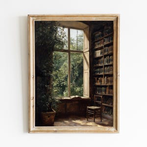 May include: A painting of a room with a large window overlooking a lush green forest. The room has a bookshelf filled with books and a chair in the corner. The painting is framed in a light wood frame.