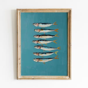 Sardine Malerei, Küstenkunst digitaler Download, Sardine druckbare Wandkunst, Retro Sardine Kunstdruck, Strandhaus Dekor, Küchen Wandkunst