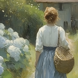 May include: A woman in a white blouse and blue skirt walks through a garden with a wicker basket slung over her shoulder. The garden is filled with white hydrangeas and green foliage.