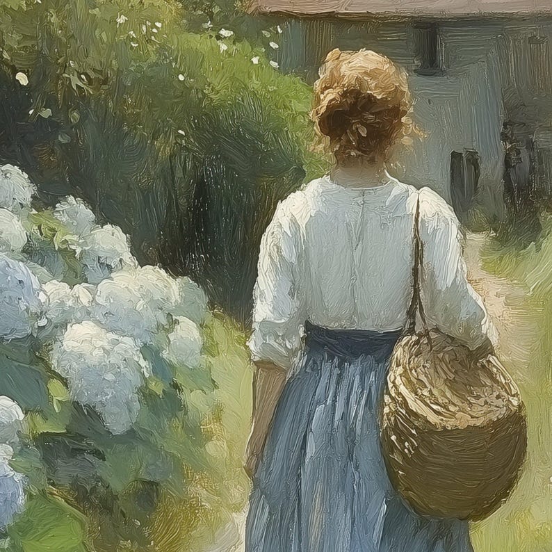 May include: A woman in a white blouse and blue skirt walks through a garden with a wicker basket slung over her shoulder. The garden is filled with white hydrangeas and green foliage.