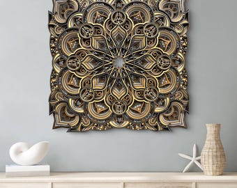 May include: A large, intricate mandala wall art piece with a gold and black color scheme. The mandala is made of layered paper and has a 3D effect.