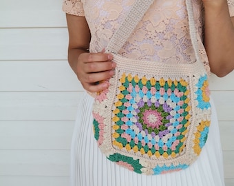 Free Shipping Crochet Bag, Granny Square Bag, Pastel, Romantic Bag, Boho Bag, Afghan Bag,Crochet Purse,Retro Style, Gift for Her