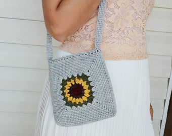 Free Shipping Crochet Bag, Granny Square Bag, Sunflower Bag, Gray Bag, Boho Bag, Afghan Bag,Crochet Purse,Retro Style, Gift for Her