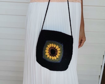 Free Shipping Crochet Bag, Granny Square Bag, Sunflower Bag, Yellow Black Bag, Boho Bag, Afghan Bag,Crochet Purse,Retro Style, Gift for Her