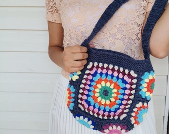 Free Shipping Crochet Bag, Granny Square Bag, Navy Blue, Romantic Bag, Boho Bag, Afghan Bag,Crochet Purse,Retro Style, Gift for Her