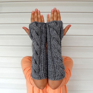 Hand Knit Fingerless Gloves, Fingerless Gloves, Arm Warmers, Cable Knit Gloves, Grey Gray