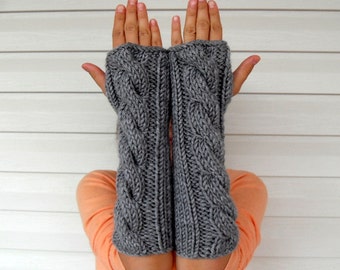 Hand Knit Fingerless Gloves, Fingerless Gloves, Arm Warmers, Cable Knit Gloves, Grey Gray