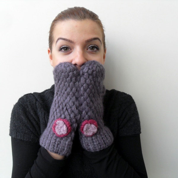 Mittens, Crochet Gloves, Crochet Mittens, Soft Angora, Gloves Gift For Her, Amethyst Violet Purple Plum Aubergine Pink Flowers