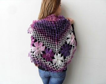 Radiant Orchid Shawl, Crocheted Shawl, Dahlia Flower Shawl, Triangle Shawl, Purple Shawl, Winter Accessory