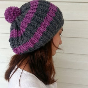 Knit Slouchy Hat, Slouchy Beanie, Women Hat, Hand Knitted Hat, Slouchy Hat, Beret, Grey and Purple Hat, Pompom Hat, Gift under 25