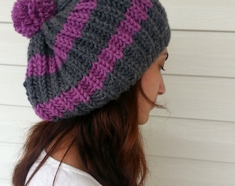Knit Slouchy Hat, Slouchy Beanie, Women Hat, Hand Knitted Hat, Slouchy Hat, Beret, Grey and Purple Hat, Pompom Hat, Gift under 25