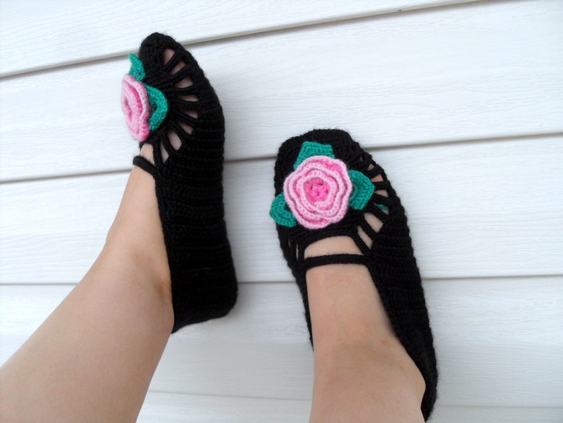 SALE Turkish Home Slippers Pink Flower On Black Slippers Valentines Day Gift Winter Fashion Hand Crocheted Slippers image 2