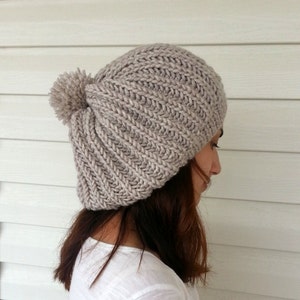 Knit Slouchy Hat, Slouchy Beanie, Women Hat, Hand Knitted Hat, Slouchy Hat, Beret, Wheat, Beige Hat, Pompom Hat, Gift under 25
