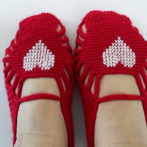SALE Crochet Slippers, Red Slippers, White Heart, Memorial Day Sale, Hand Embroidered Garnet,Cherry Red
