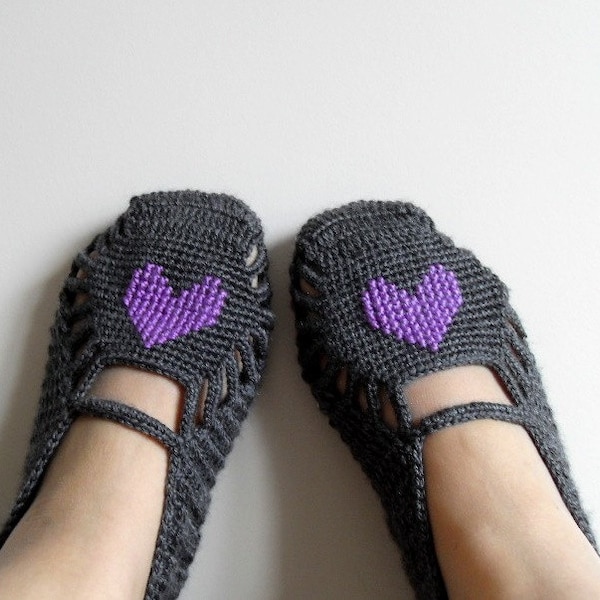 SALE Crochet Slippers Purple Heart On Grey Home Slippers  Hand Embroidered Valentine Day Gift Amethyst Deep Royal Violet