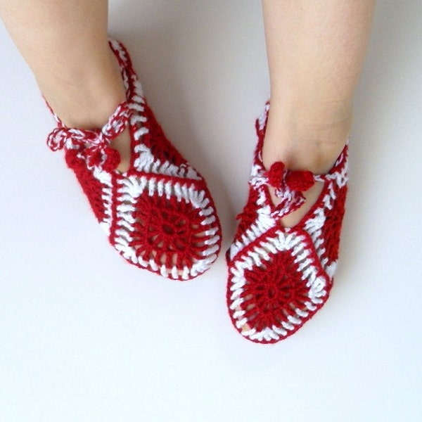 SALE Granny Square Home Slippers Garnet Slippers White Red, Ruby, Burgundy Valentines Day Gift