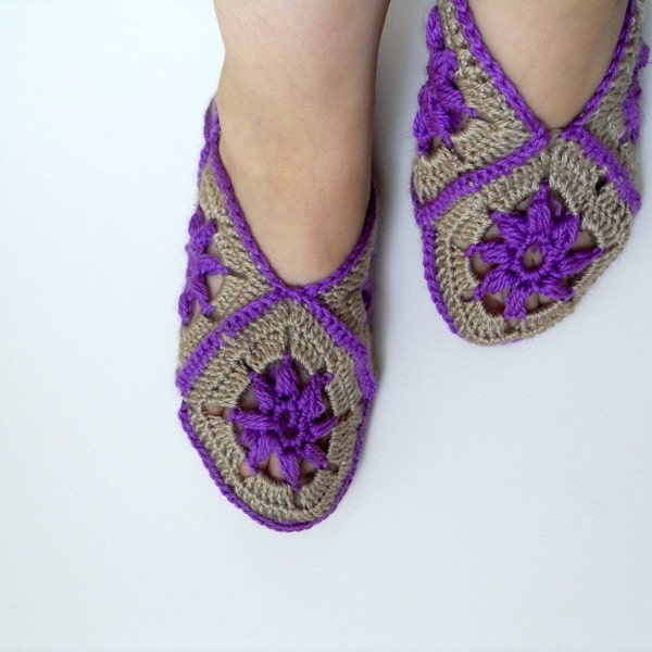 SALE Home Slippers Taupe And Deep Purple Slippers Winter Fashion Crochet Slippers Granny Square Light Soft Plum Violet Amethyst