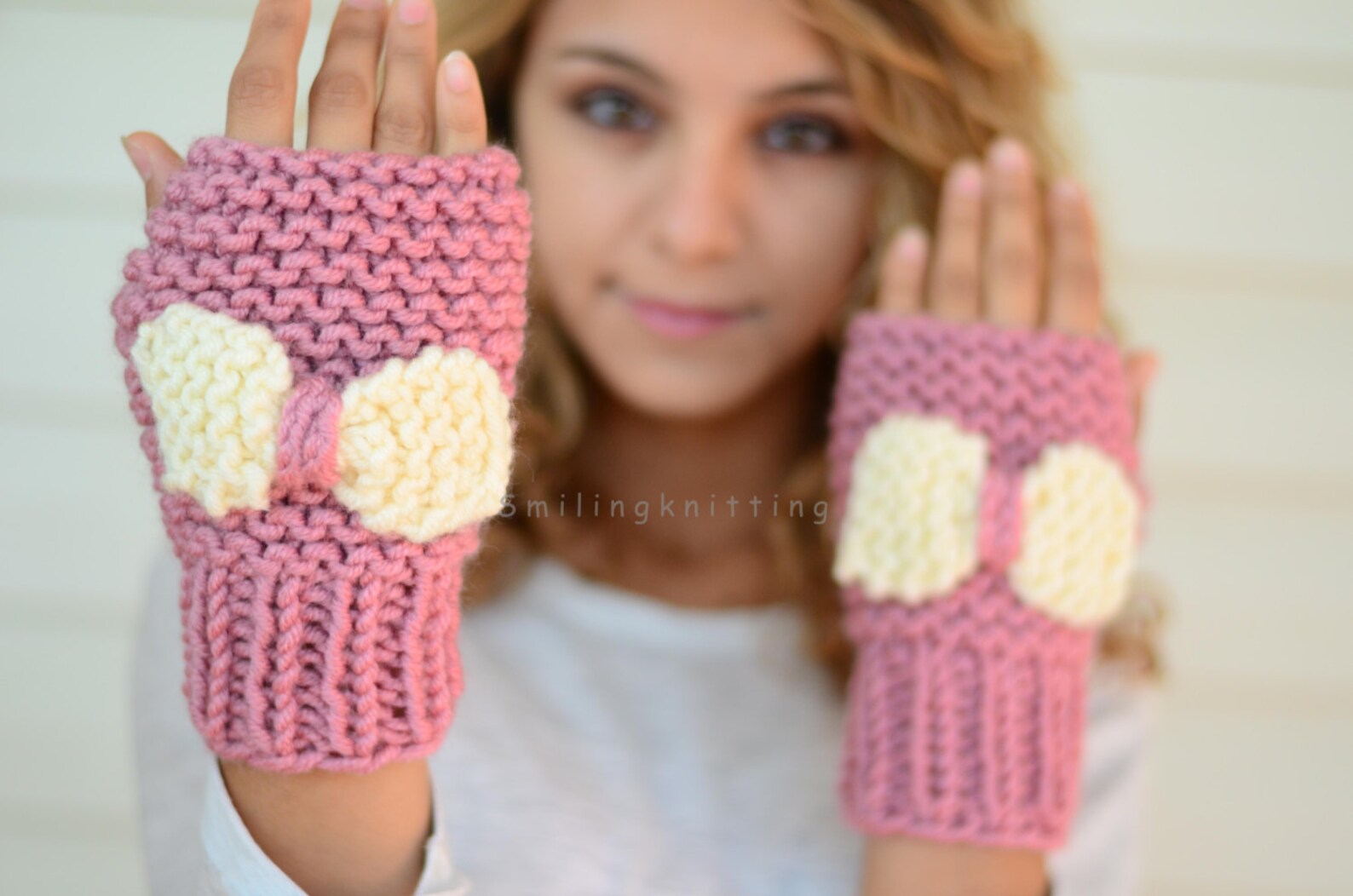 Hand Knit Fingerless Gloves, Arm Warmers, Pink Gloves, Bow Gloves, Rose