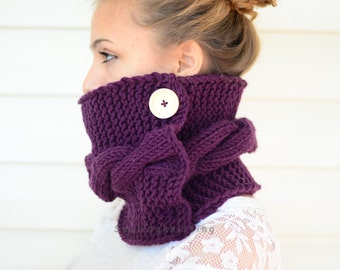 Cowl Scarf, Plum Knit Cowl, Hand Knit Cowl, Purple Scarf, Knit Scarf, Chunky Cowl,Neck Warmer, Wood Button, Gift For Her, Gift Under 30