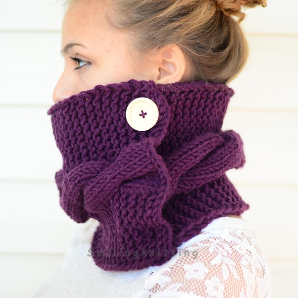 Cowl Scarf, Plum Knit Cowl, Hand Knit Cowl, Purple Scarf, Knit Scarf, Chunky Cowl,Neck Warmer, Wood Button, Gift For Her, Gift Under 30