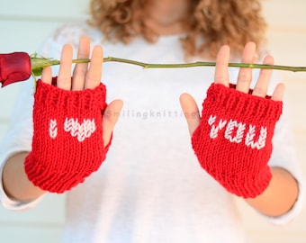 Heart Knit Gloves, Valentines Day Gift, Love,Red Fingerless Gloves, I Love You, Hand Knit Gloves, Arm Warmers, Gift For Her, Under 25