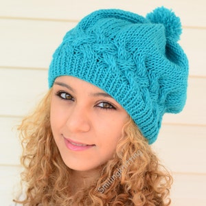 Pom Pom Hat, Women Pom Pom Hat, Hand Knitted Hat, Slouchy Hat, Beret, Turquoise Blue Hat