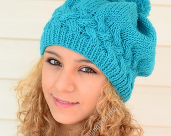 Pom Pom Hat, Women Pom Pom Hat, Hand Knitted Hat, Slouchy Hat, Beret, Turquoise Blue Hat