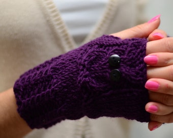 Owl, Purple Owl Gloves, Hand Knit Owl Gloves, Fingerless Owl Gloves, Arm Warmers, Plum, Aubergine, Fall Fashion