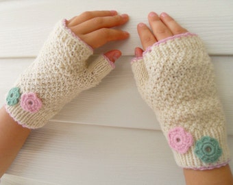 Winter Fashion-Fingerless Gloves Cream Creme and Pink Mint Flowers Gift For Her TeamT