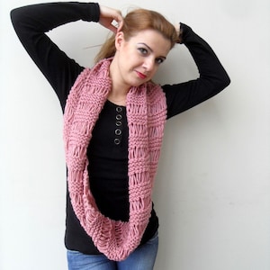 Loop Scarf Hooded Scarf in Rose Pink Blush Carmine Crimson Knitted Shawl Spring Fashion Winter Accessory Chunky Hood image 1