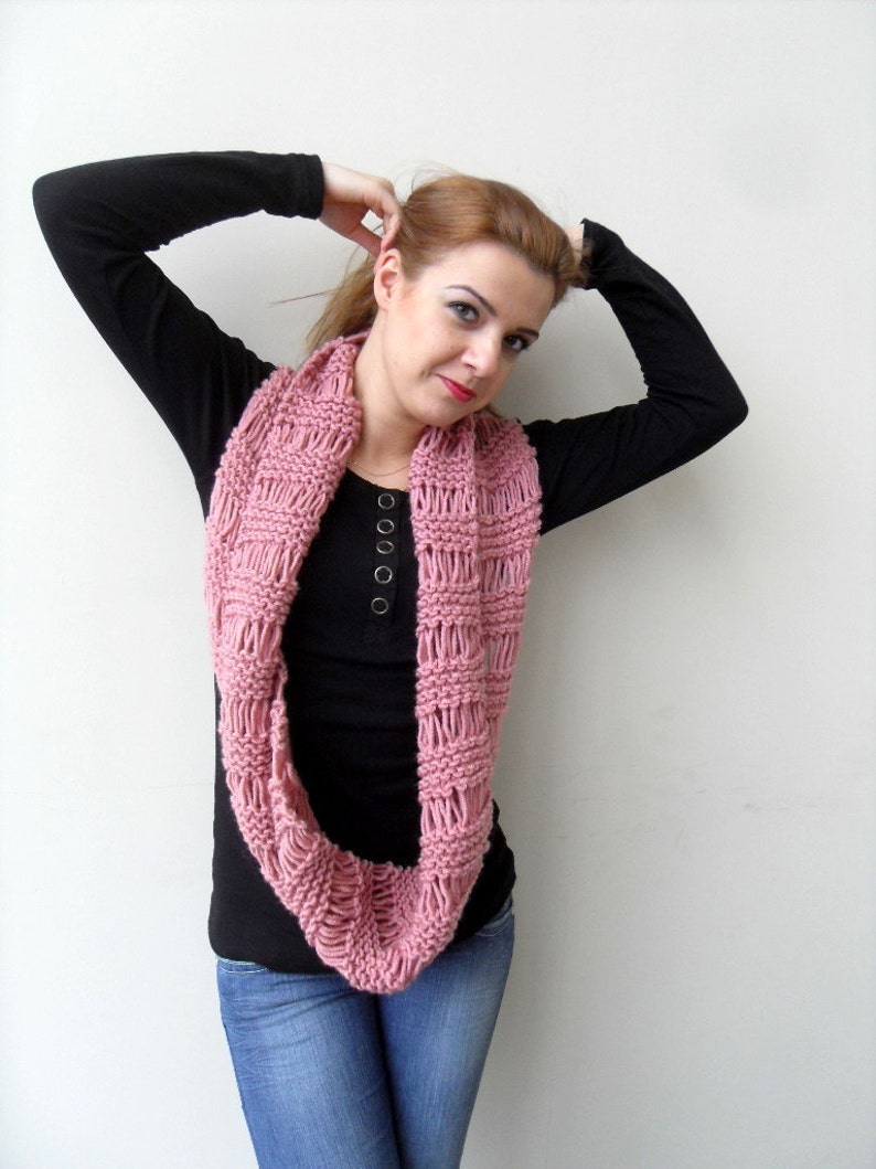 Loop Scarf Hooded Scarf in Rose Pink Blush Carmine Crimson Knitted Shawl Spring Fashion Winter Accessory Chunky Hood image 1