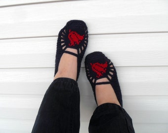 SALE Crochet Slippers Red Tulip on Dark Navy Blue Home Slippers Hand Embroidered Garnet Tulip Valentines Day Gift Patriotic Memorial Day