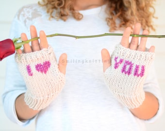 Heart Knit Gloves, Valentines Day Gift, I Love You, Fingerless Gloves, Hand Knit Gloves, Arm Warmers, Gift For Her, Under 25