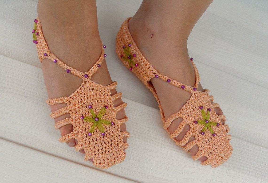 SALE Crocheted Slippers Gladiator Home Sandals Mercerized Yarn - Etsy