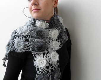 Crochet Shawl, Ombre Shawl, Black Shawl, Infinity Scarf,Black Grey White,Snow Neckwarmer,Flowers,Foggy Frosty,Cloudy