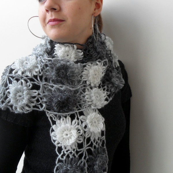 Crochet Shawl, Ombre Shawl, Black Shawl, Infinity Scarf,Black Grey White,Snow Neckwarmer,Flowers,Foggy Frosty,Cloudy