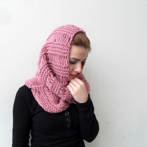 Loop Scarf Hooded Scarf in Rose Pink Blush Carmine Crimson Knitted Shawl Spring Fashion Winter Accessory Chunky Hood image 3