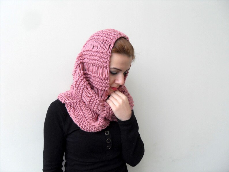 Loop Scarf Hooded Scarf in Rose Pink Blush Carmine Crimson Knitted Shawl Spring Fashion Winter Accessory Chunky Hood image 3