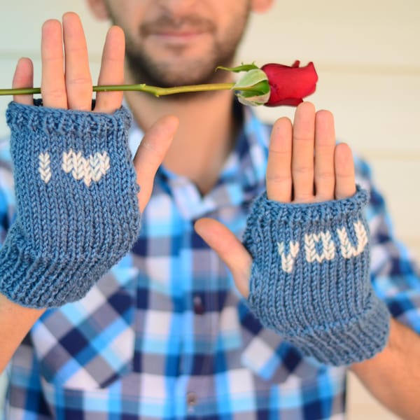 Heart Knit Gloves, Valentines Day Gift, Men Fingerless Gloves,I Love You, Blue Men Gloves, Arm Warmers, Gift For Him, Under 25